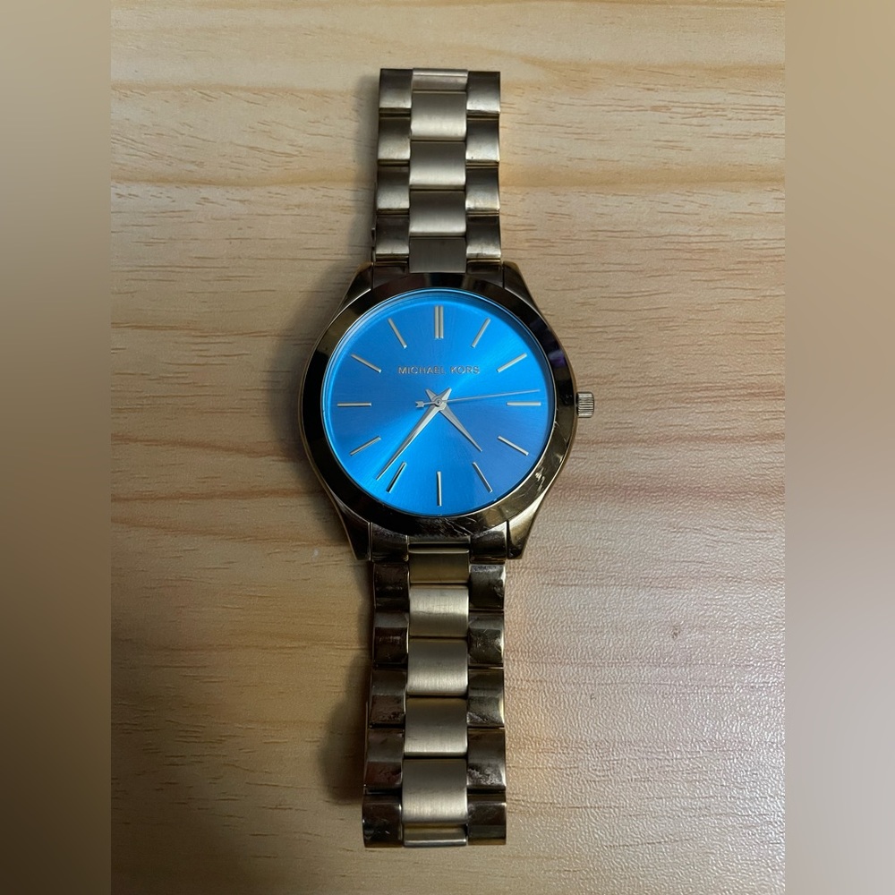 Michael Kors MK3265 Gold Tone Slim Runaway Turquoise Blue Dial Watch
